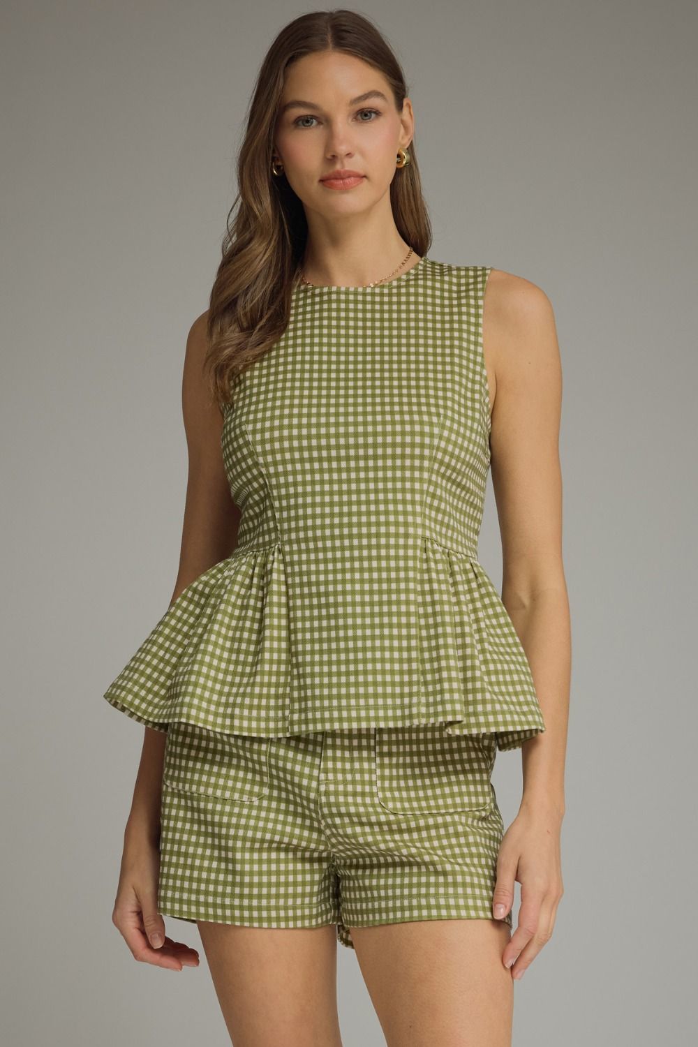 Gingham Sleeveless Peplum Top, Olive