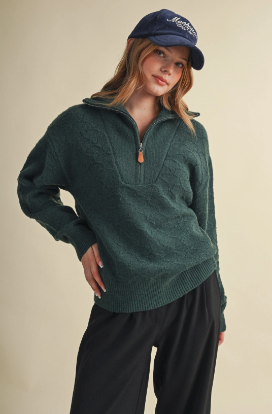 Model wearing a dark green shell stitch mock neck half-zip sweater with long sleeves, ribbed cuffs, and a ribbed hem