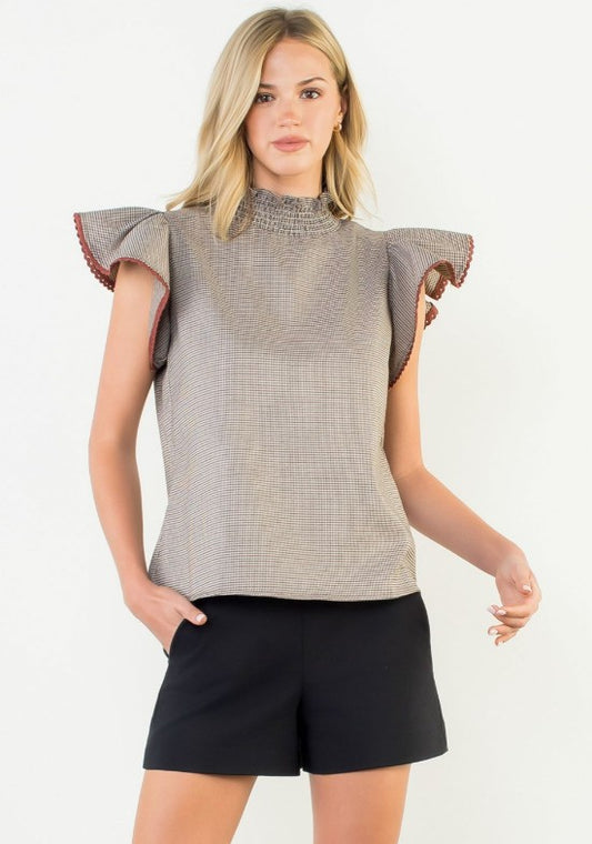 Houndstooth Smocked Neck Flutter Sleeve Top