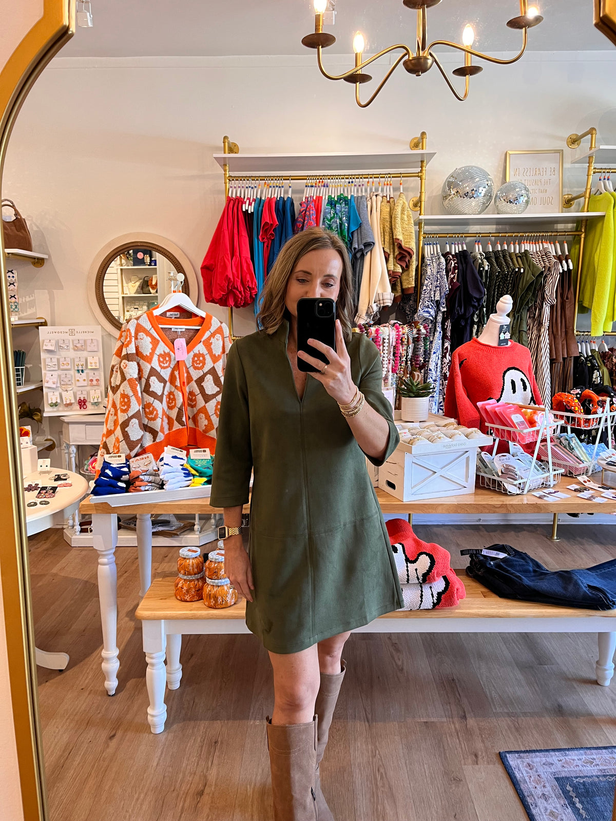 THML Olive Green Split-Neck Shift Dress
