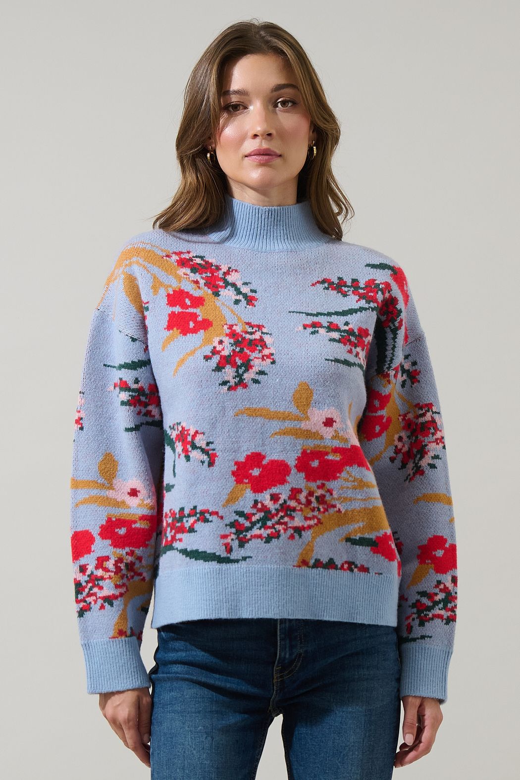 Light Blue Floral Mock Neck Sweater