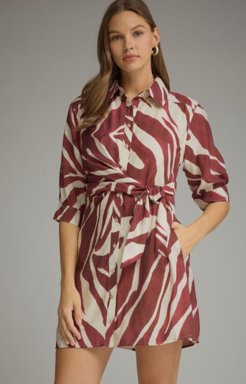 Model wearing a merlot and cream abstract print mini dress with a collar, three-quarter sleeves, and a tied waist.