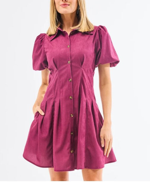 Cara Corduroy Midi Dress in Plum
