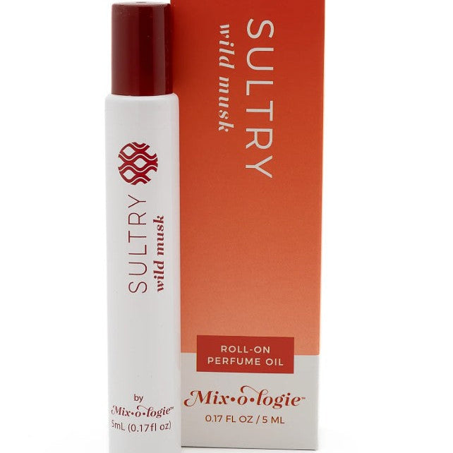 Roll-on perfume oil with packaging labeled 'Sultry' on a white background