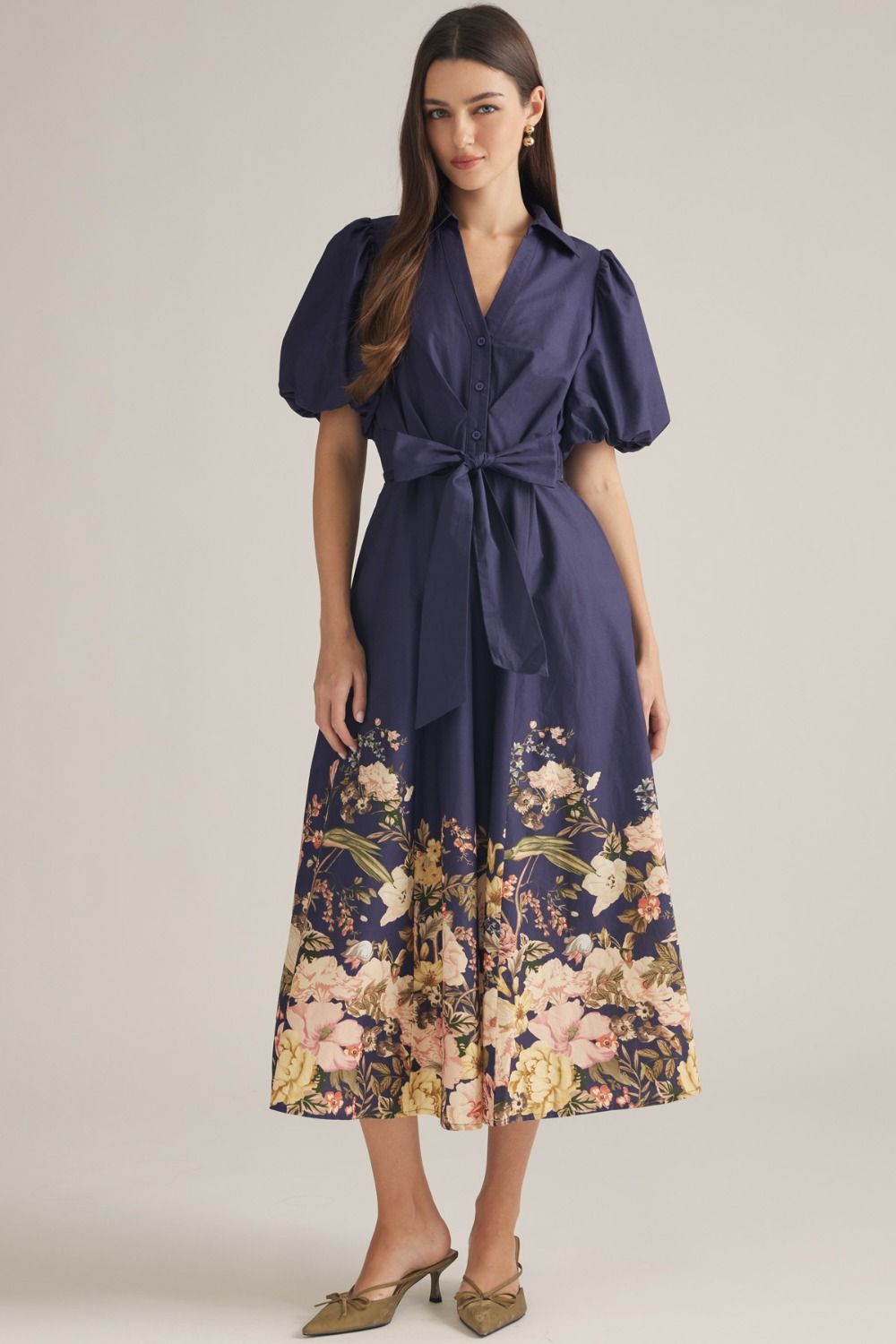 Navy Floral Border Print Cotton Midi Dress