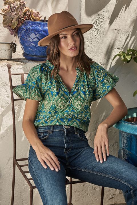Green and Blue Paisley Ruffled Top