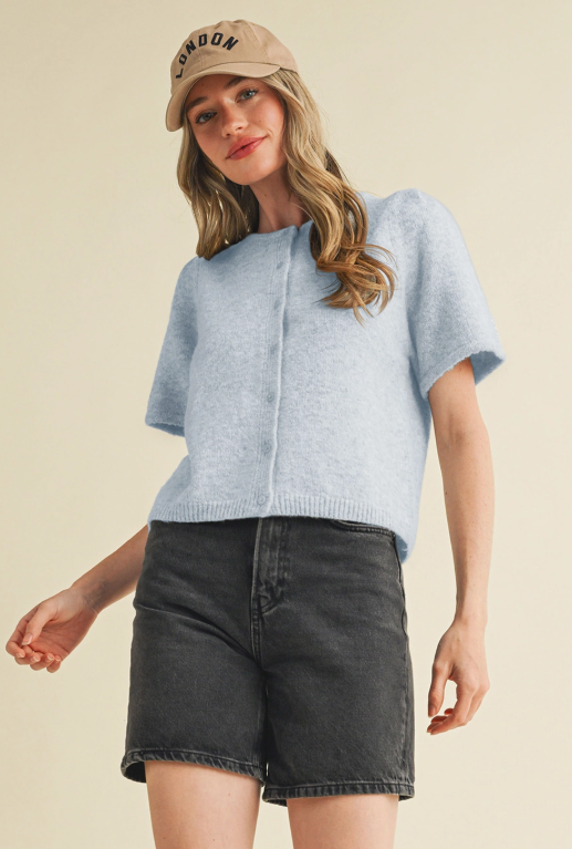 Short puff sleeve sweater cardigan in pastel blue with button-down placket and ribbed neckline and hem