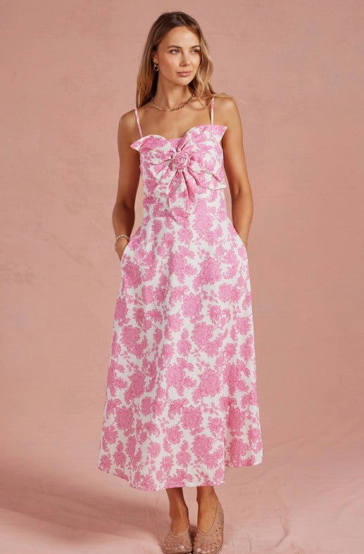 Rosette Flower Midi Dress in Pink - Surprise Lily