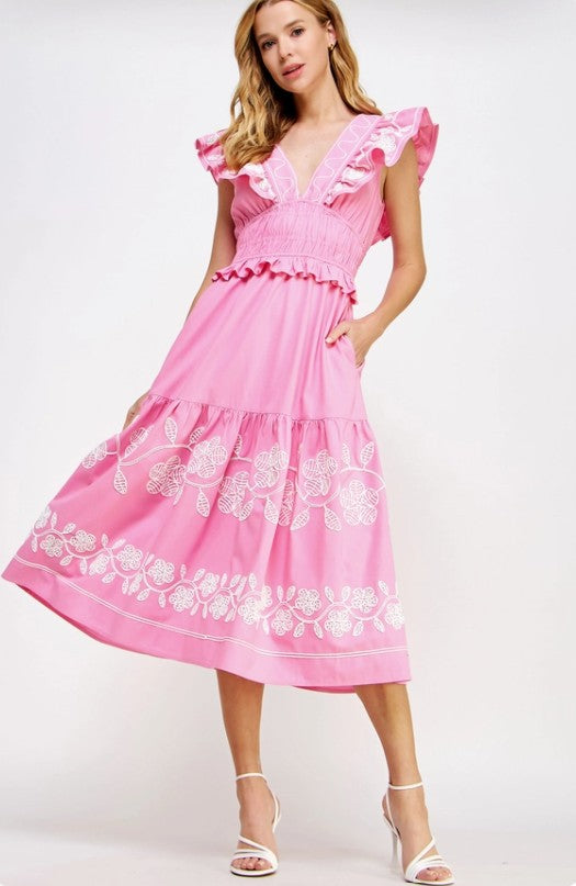 Embroidery Linen Midi Dress in Pink - Surprise Lily