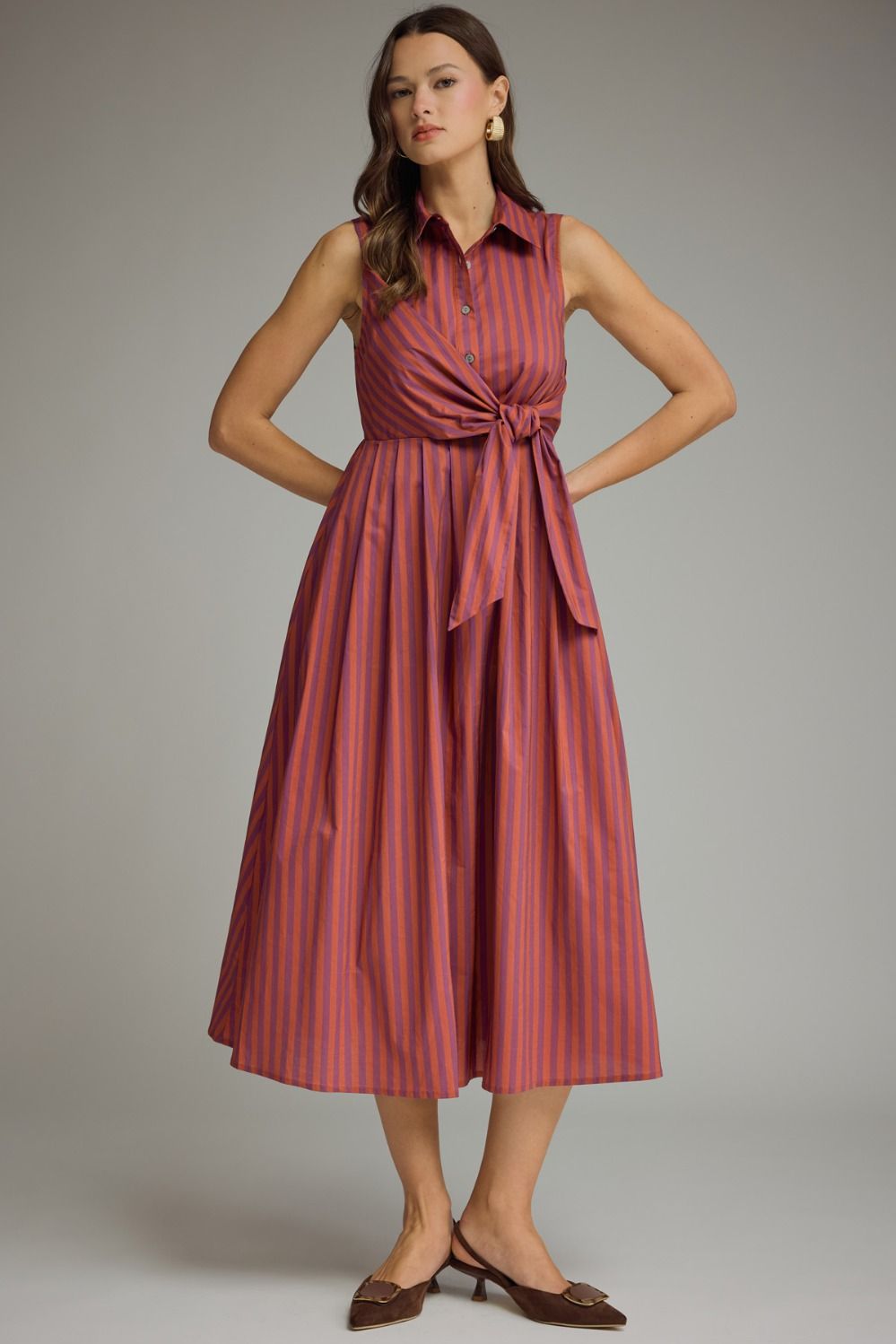 Striped Collared Midi Dress in Plum