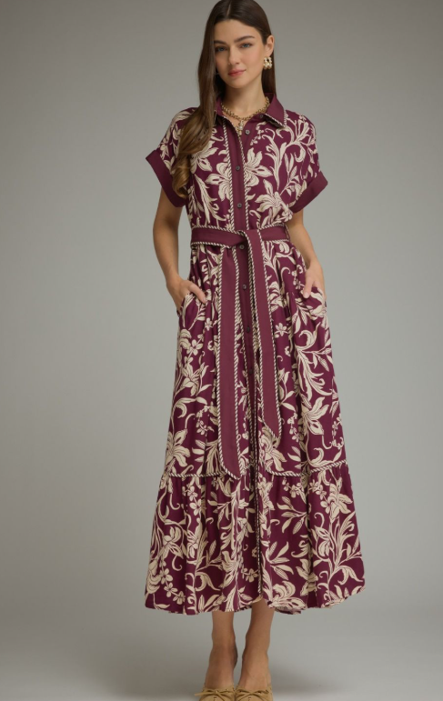 Plum leaf print dolman sleeve midi dress with shirt collar, button front, contrast trim, self-tie belt, and tiered skirt