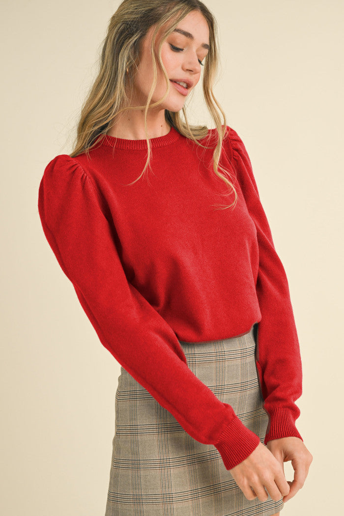 Abigail Puff Sleeve Sweater in Red