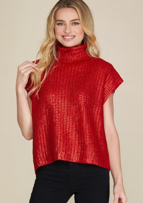 Knitted Metallic Sweater Vest in Red