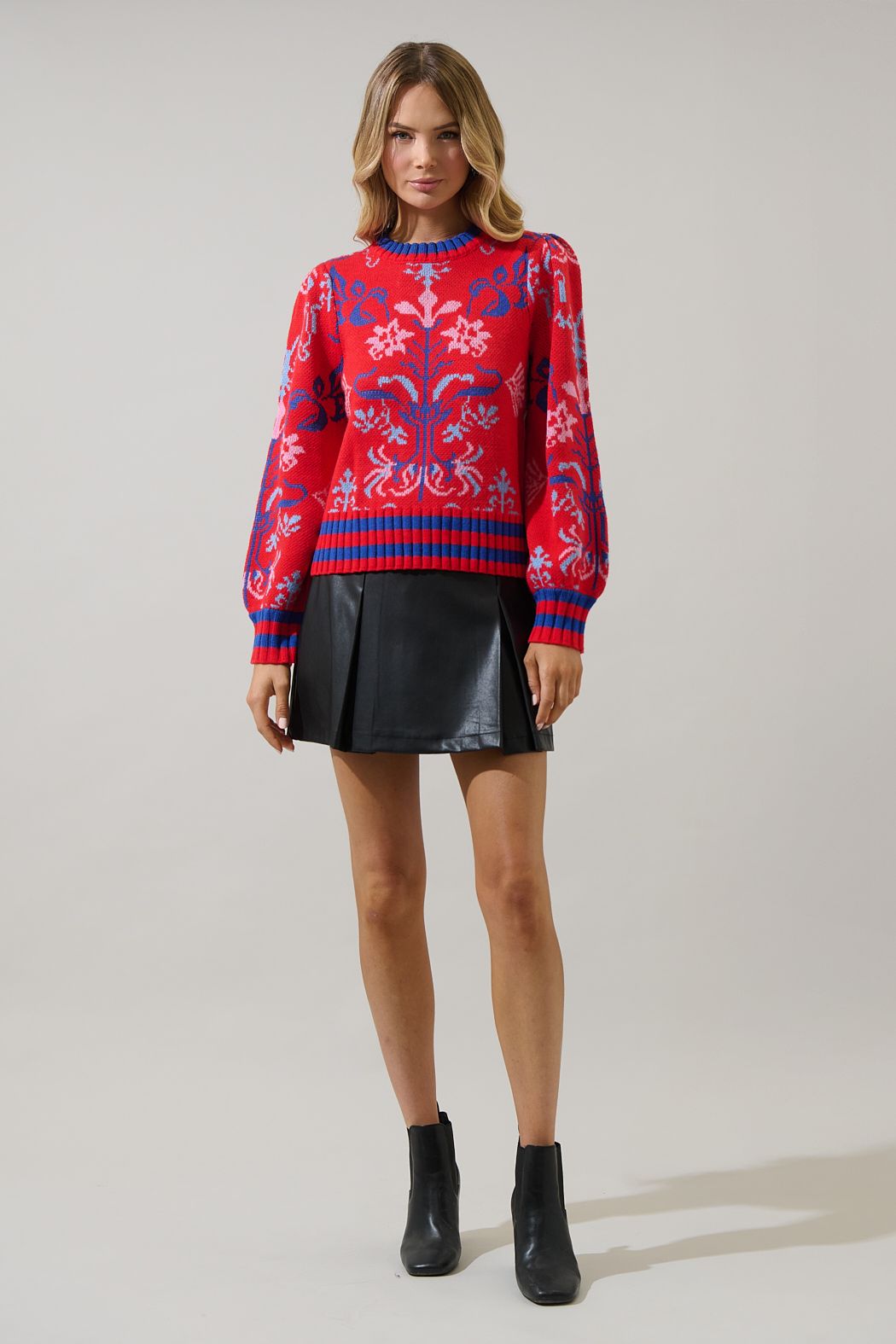 Red Contrasting Floral Sweater