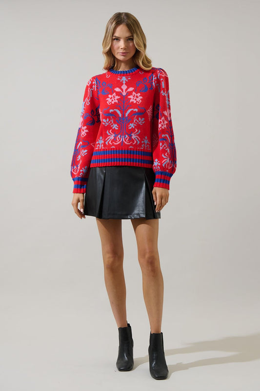 Red Contrasting Floral Sweater