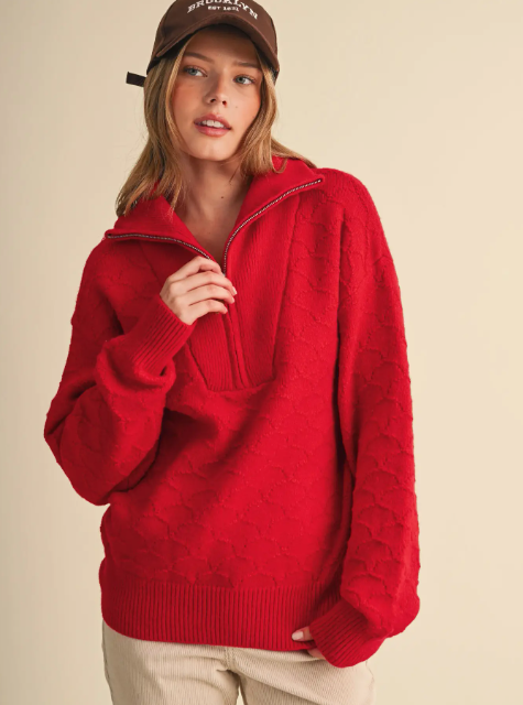 Red Mock Neck Sweater with Half Zip