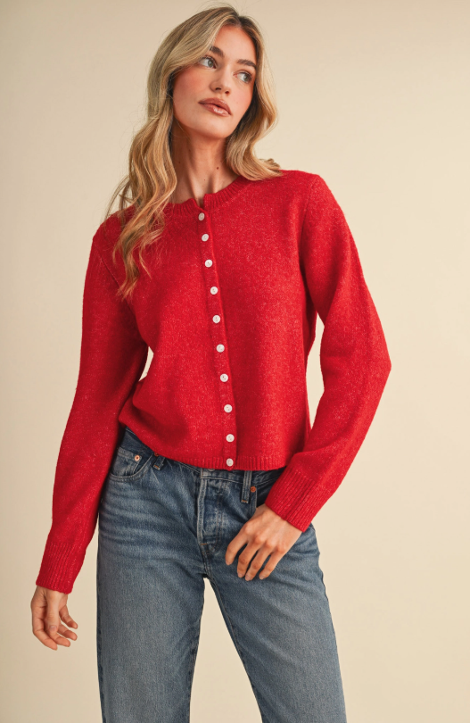 Red Marled Knit Button Cardigan