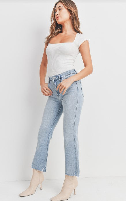 Bring a touch of fun to your wardrobe with a waist defining, butt lifting cropped flare. Slimming through the thigh this one of a kind style elegantly flares out at the knee so you can show off your favorite boots or favorite sneakers.