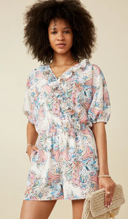 Textured Paisley Floral Ruffled Romper