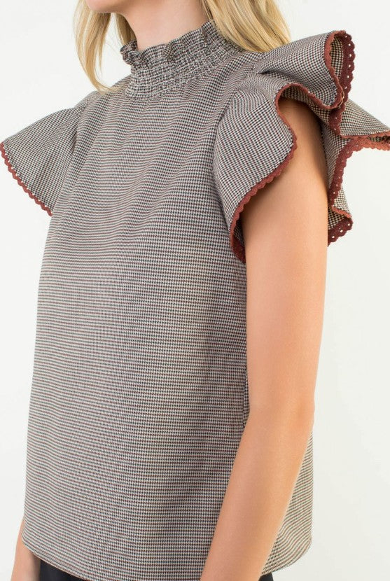 Houndstooth Smocked Neck Flutter Sleeve Top