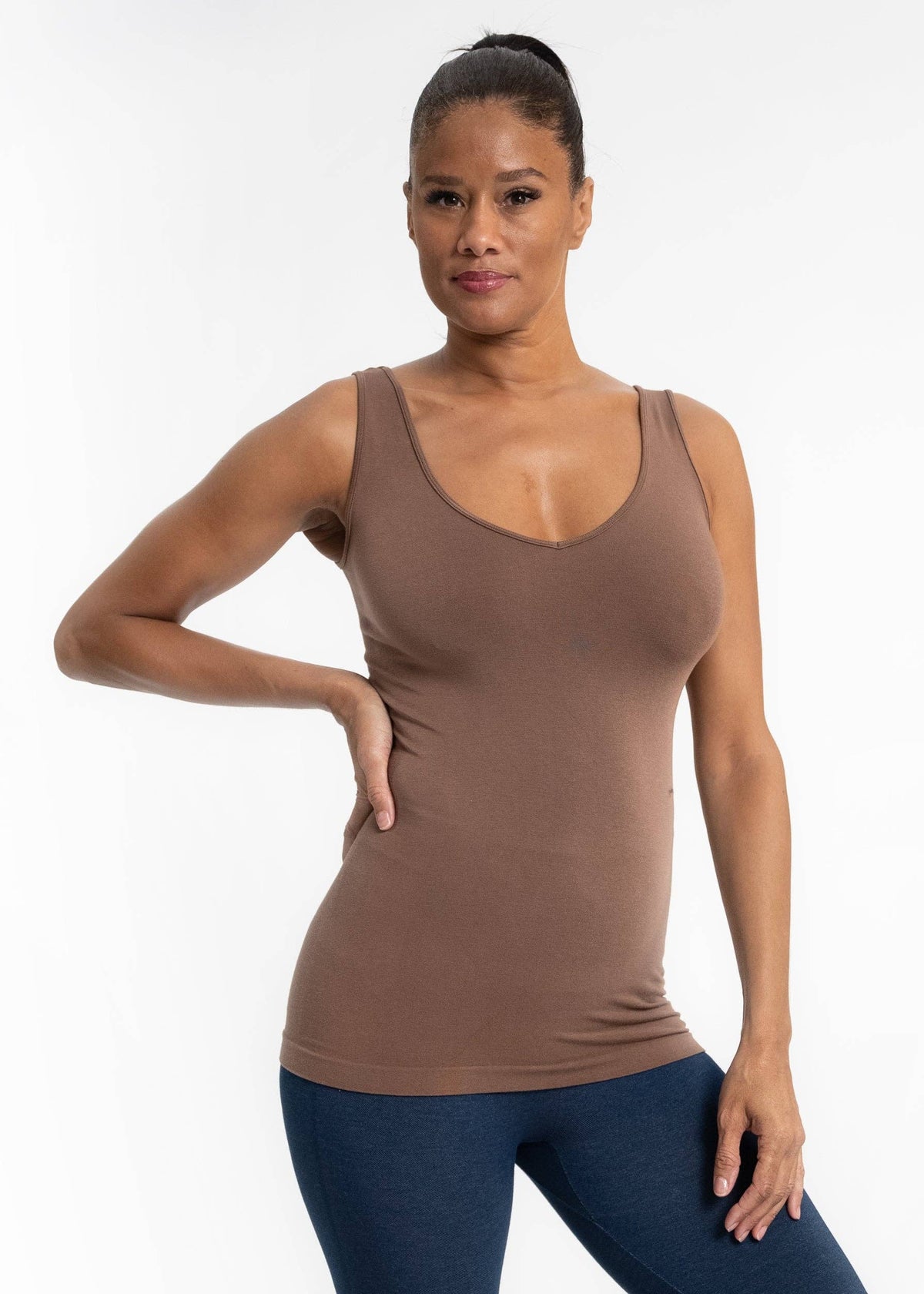 Soft Seamless Reversible Tank in Coffee for Autumns| V-Neck & Scoop Neck