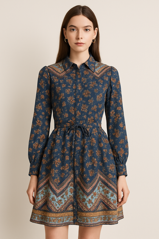 Blue Multicolor Button Down Dress