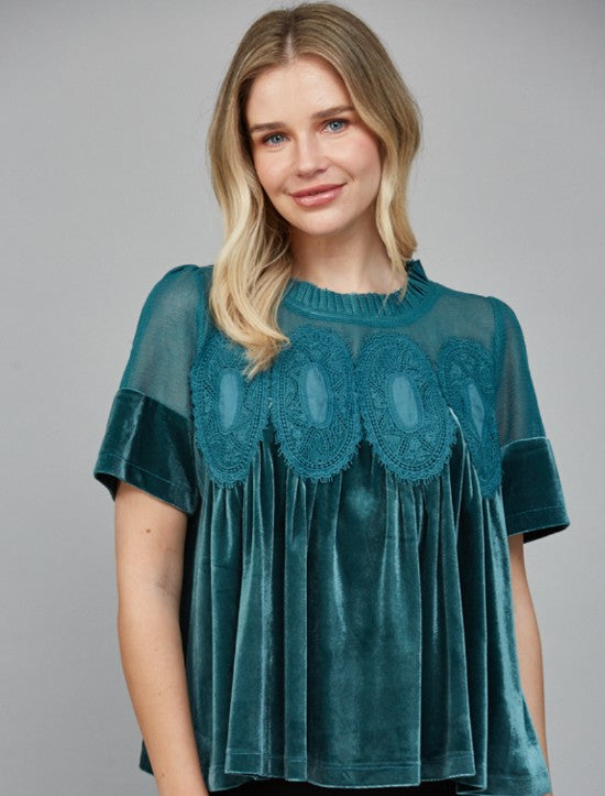 Celeste Velvet Lace Top in Teal
