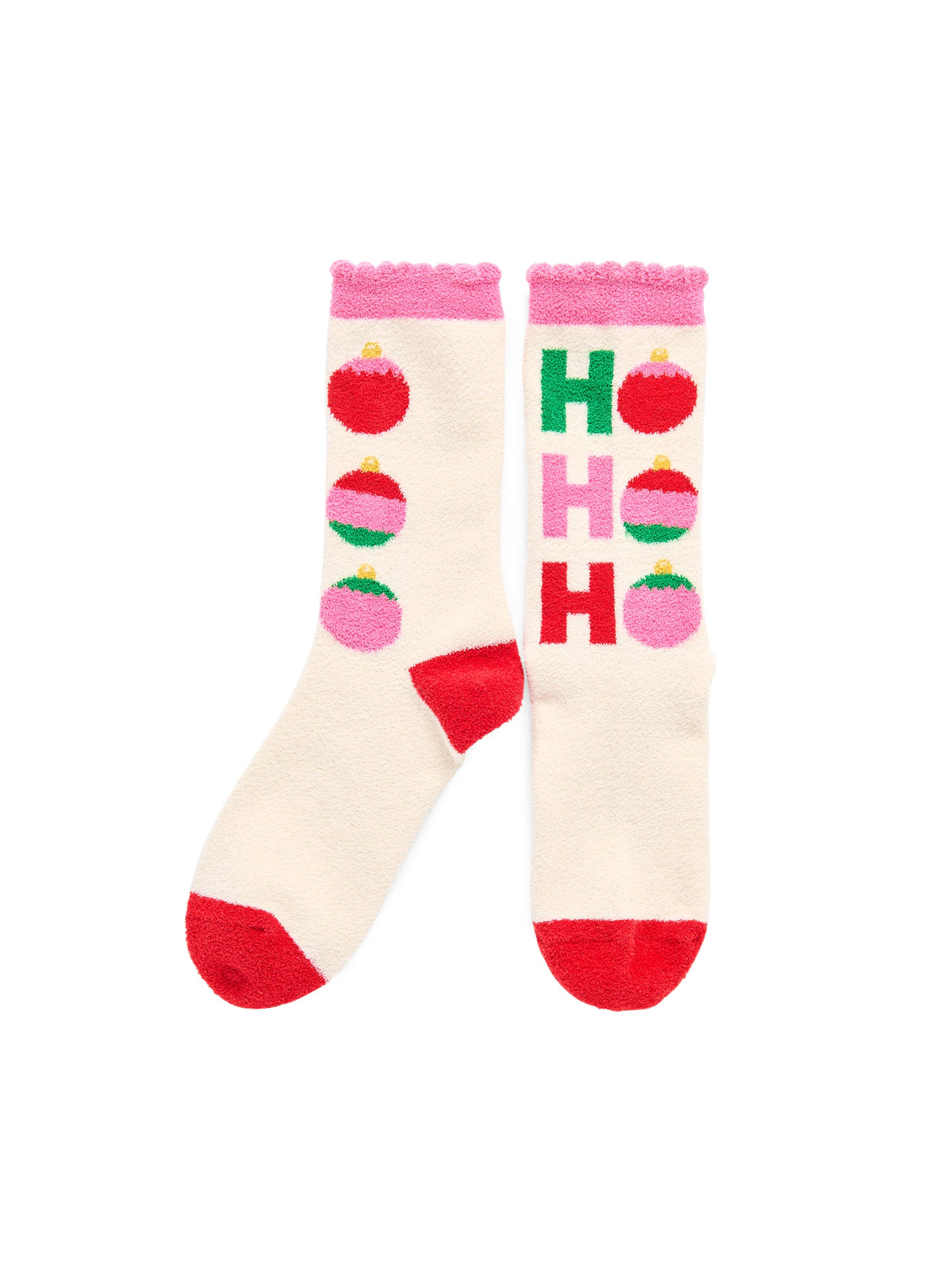 Ivory Christmas socks with colorful “HO HO HO” lettering and ornament motifs, pink scalloped cuffs, and red heels and toes