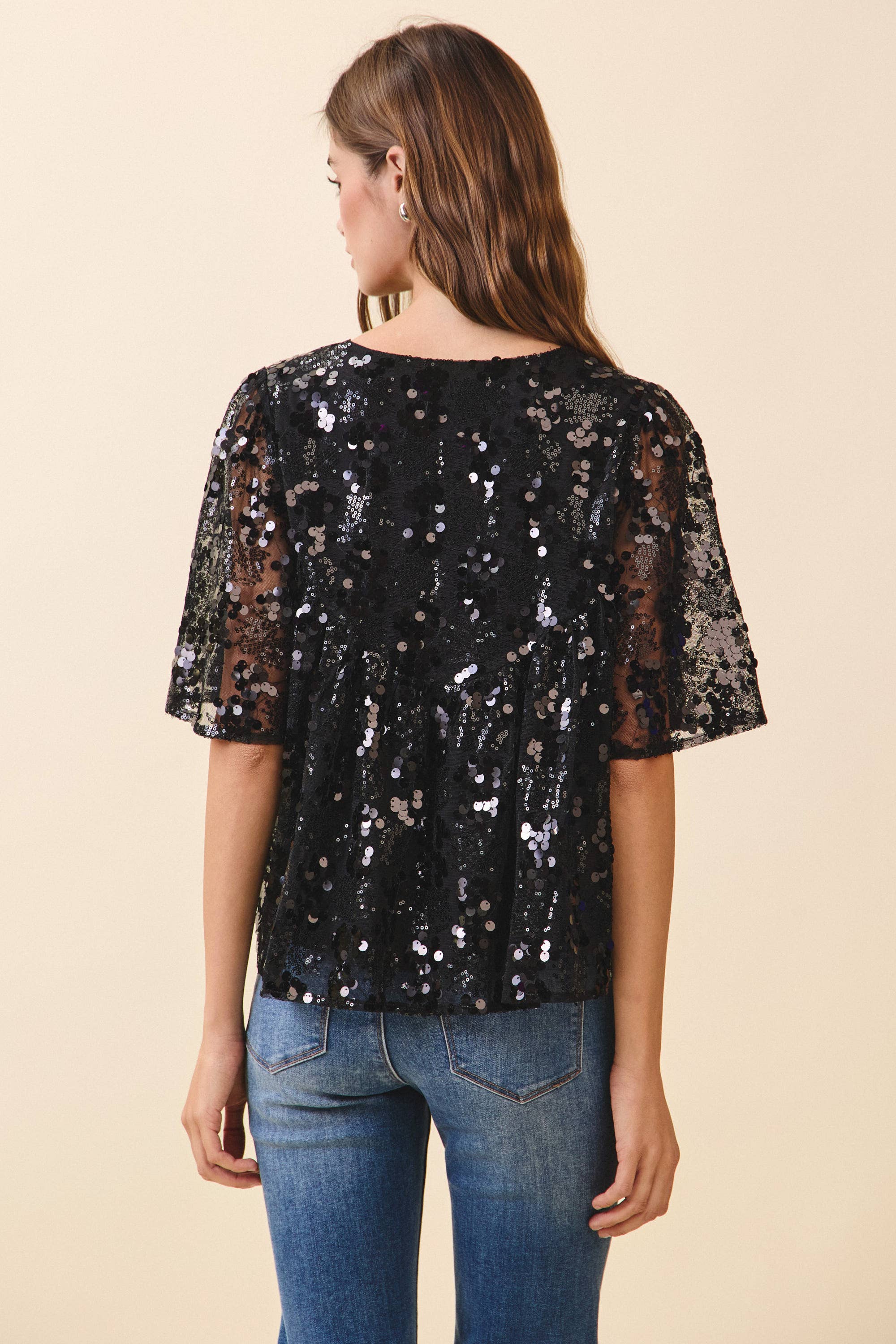Relaxed Fit Black Sequin Top