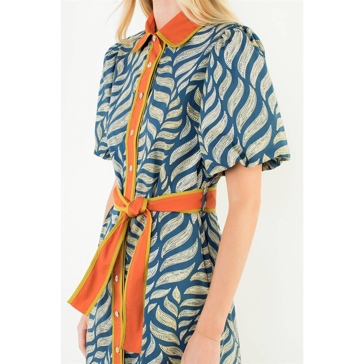Puff Sleeve Patterned Button Down Dress - Surprise Lily