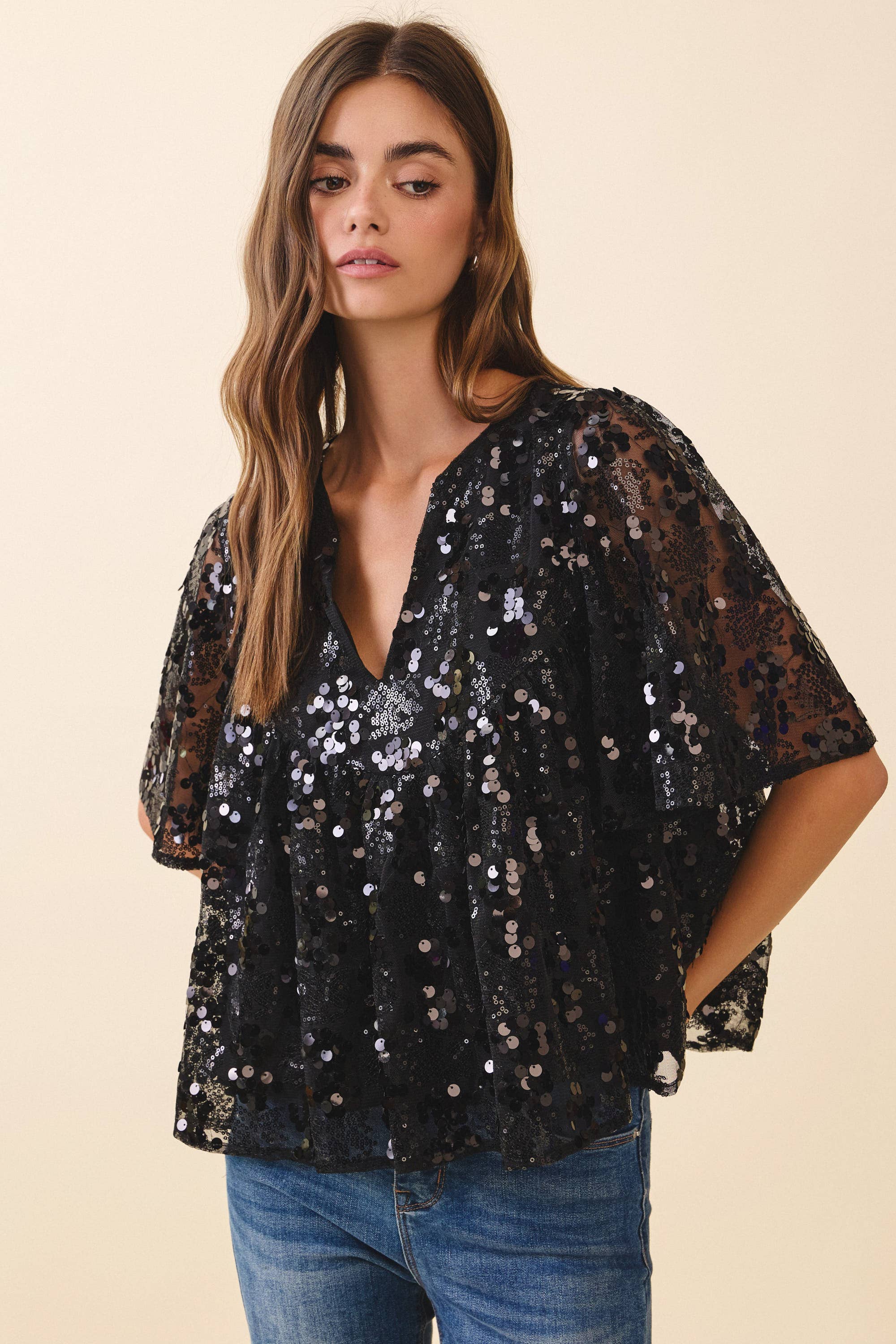 Relaxed Fit Black Sequin Top