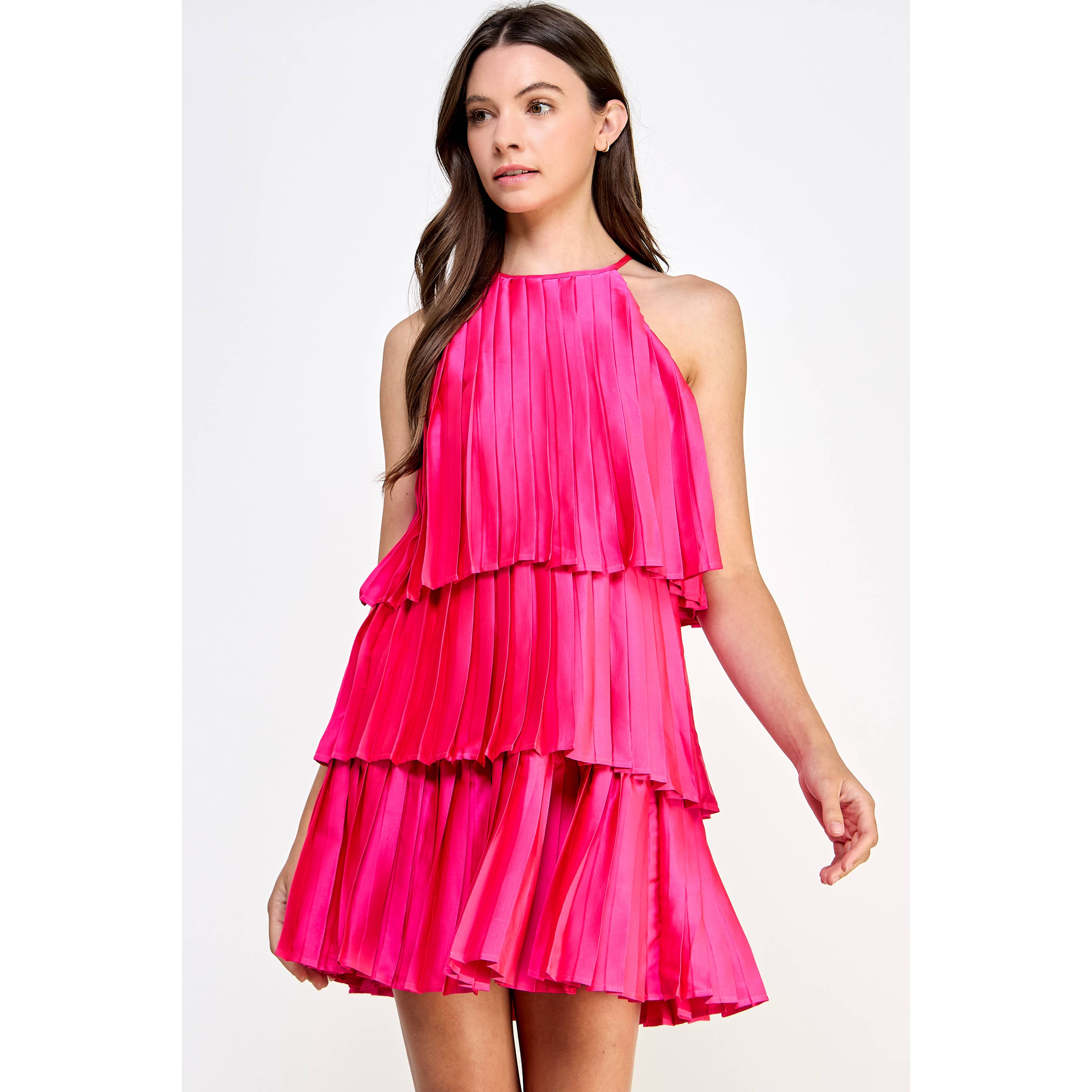 Pleated Satin Tiered Dress