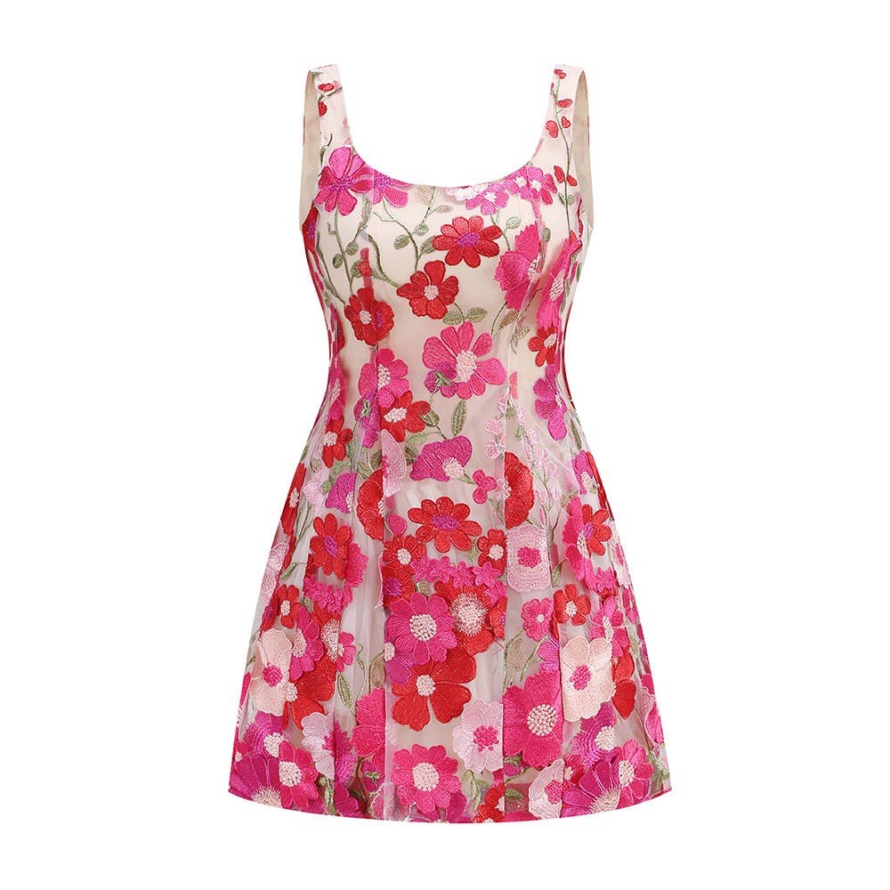 DR984 3D Floral Embroidered Strap Mini Dress 2026 - Surprise Lily