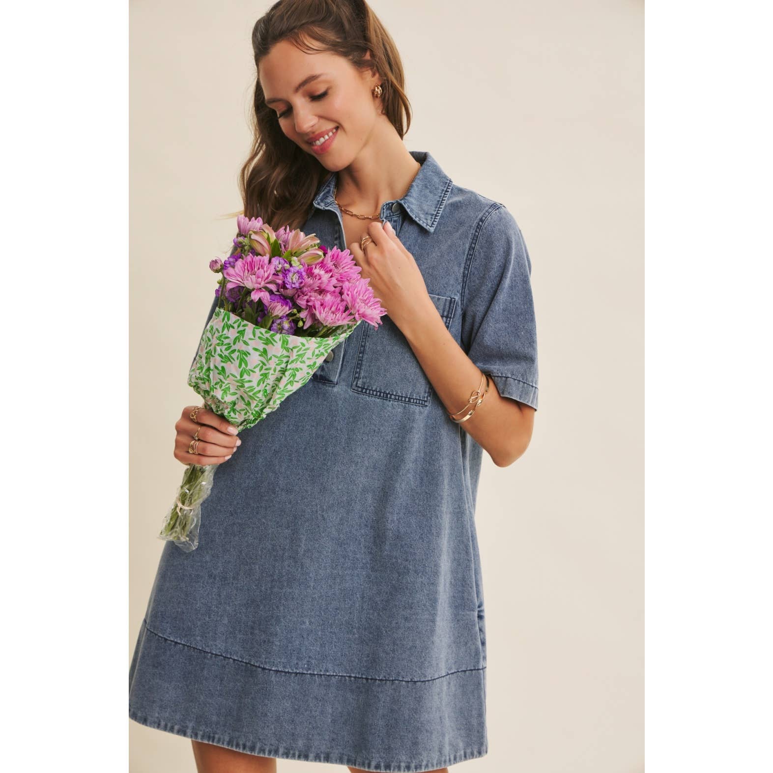 VINTAGE UTILITY DENIM WASHED RELAXED FIT A-LINE MINI DRESS - Surprise Lily