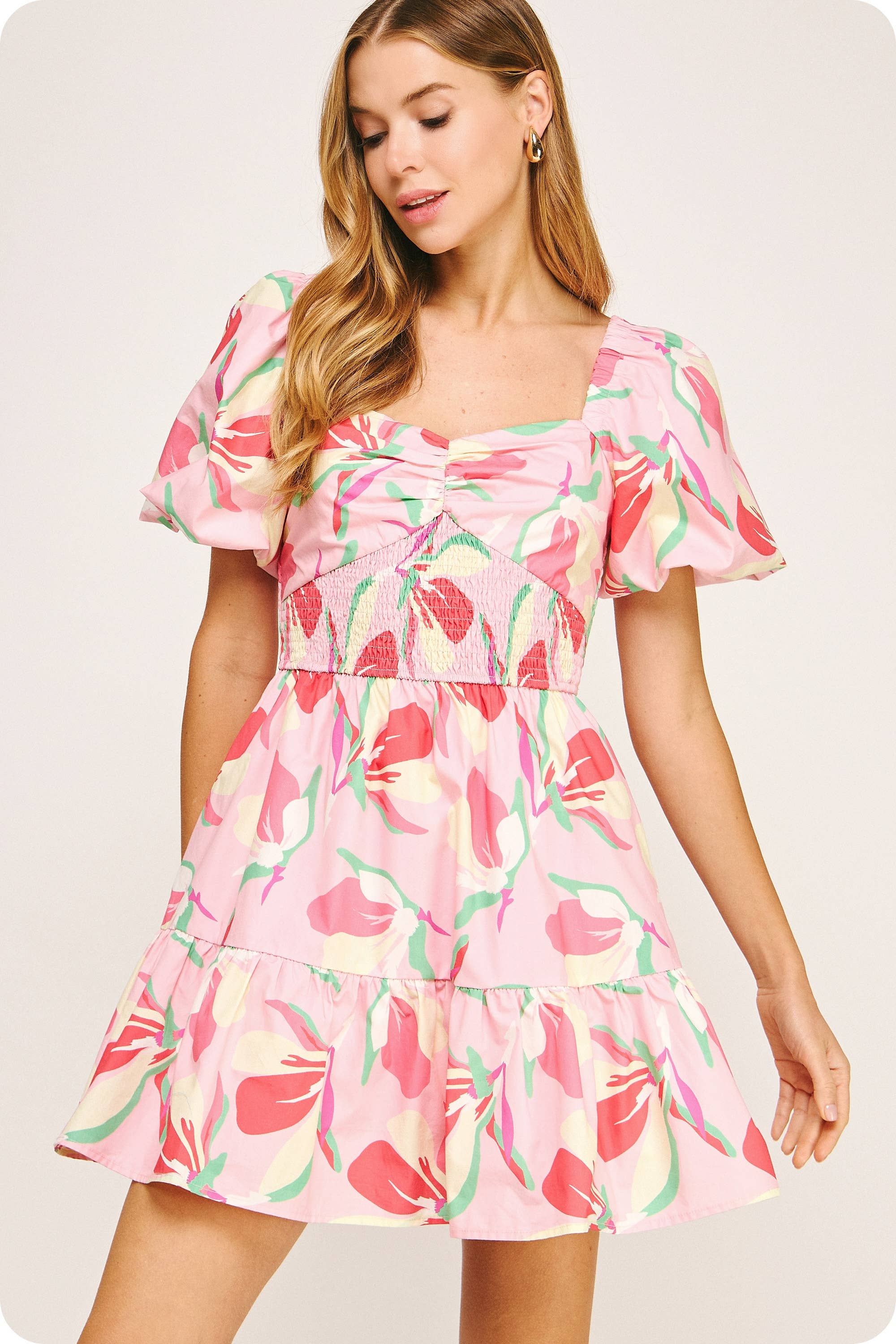 Smocked Detail Floral Tiered Mini Dress - Surprise Lily