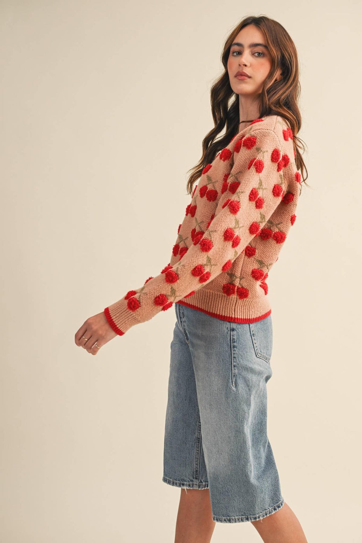 Fuzzy Cherry Sweater in Camel