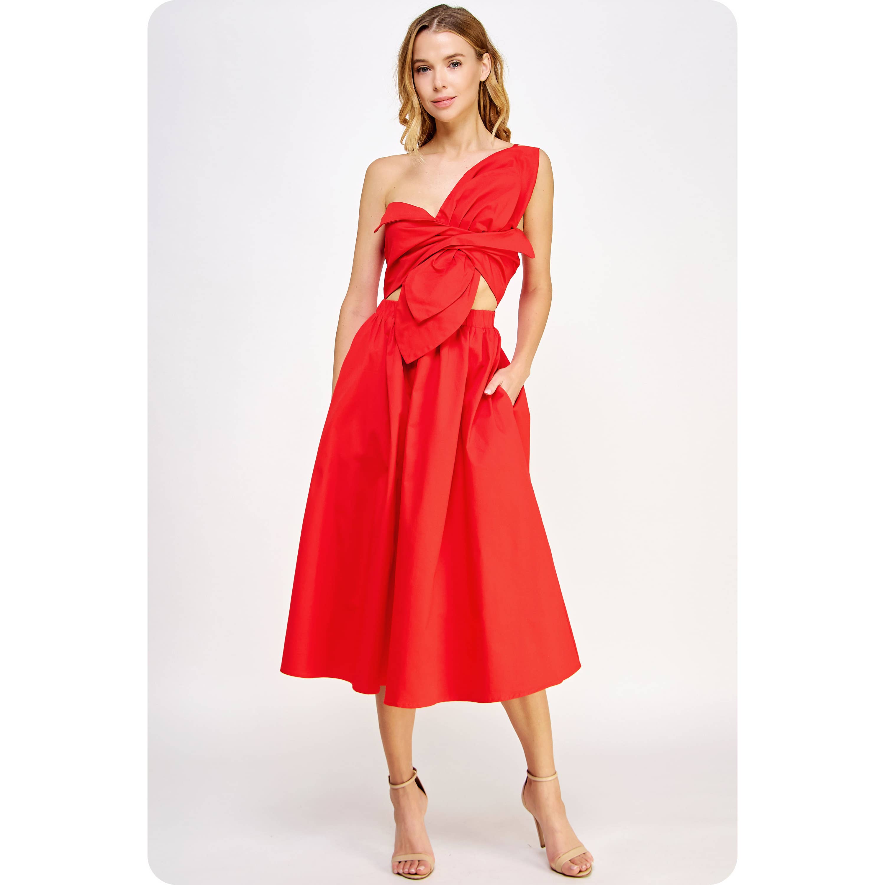 Flower Bow Midi Dress in Cherry Red - Dress - Midi - Surprise Lily