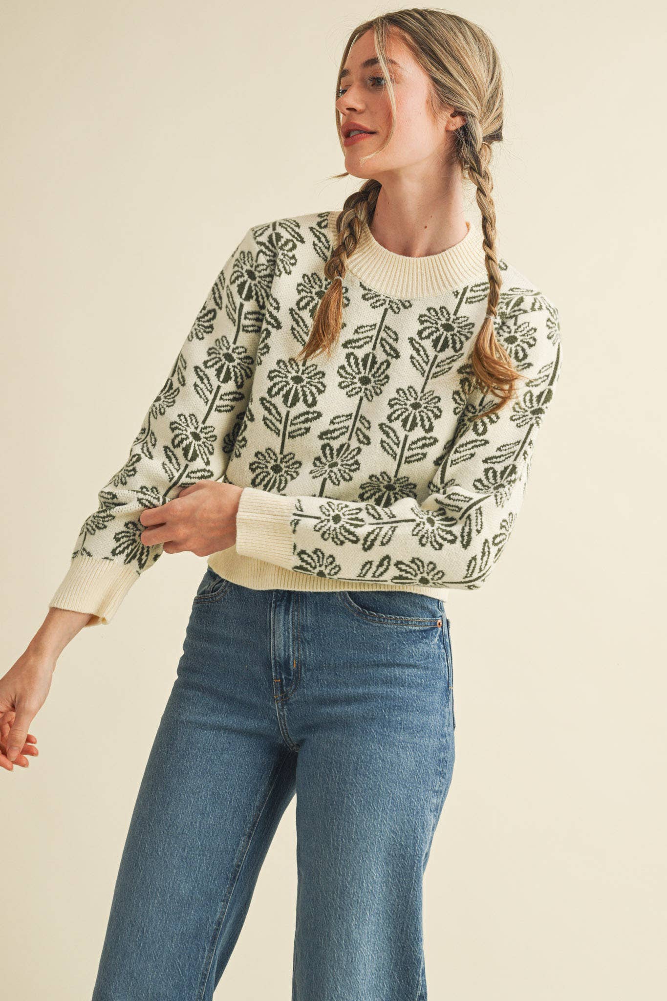 Floral Knit Sweater in Olive Daisy