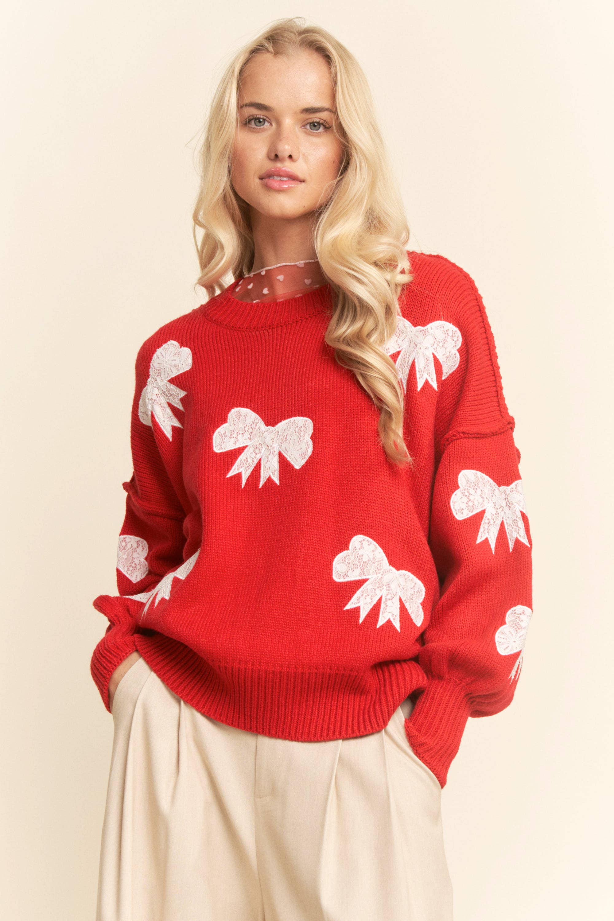 Lace Ribbon Bow Patch Sweater