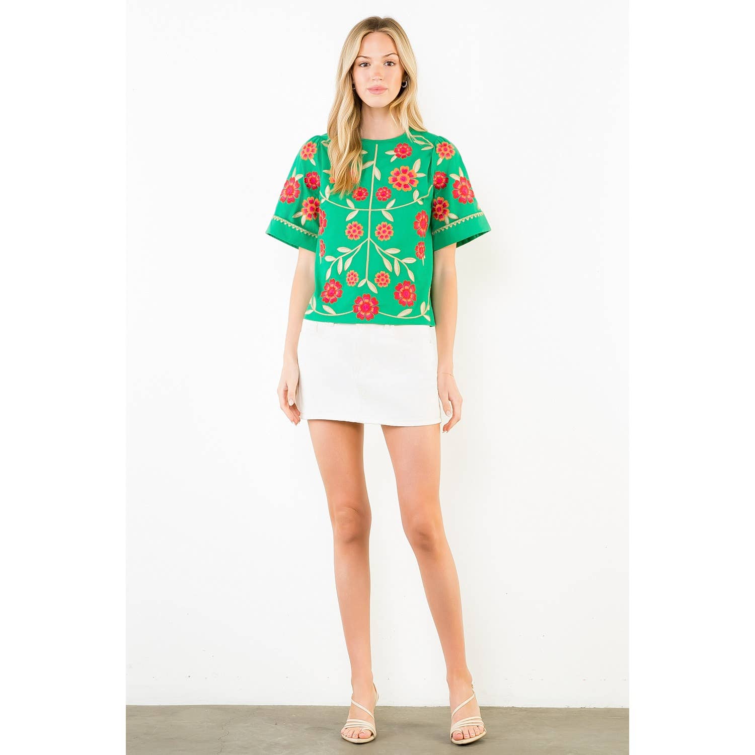 Short Sleeve Floral Embroidery Detail Top - Surprise Lily
