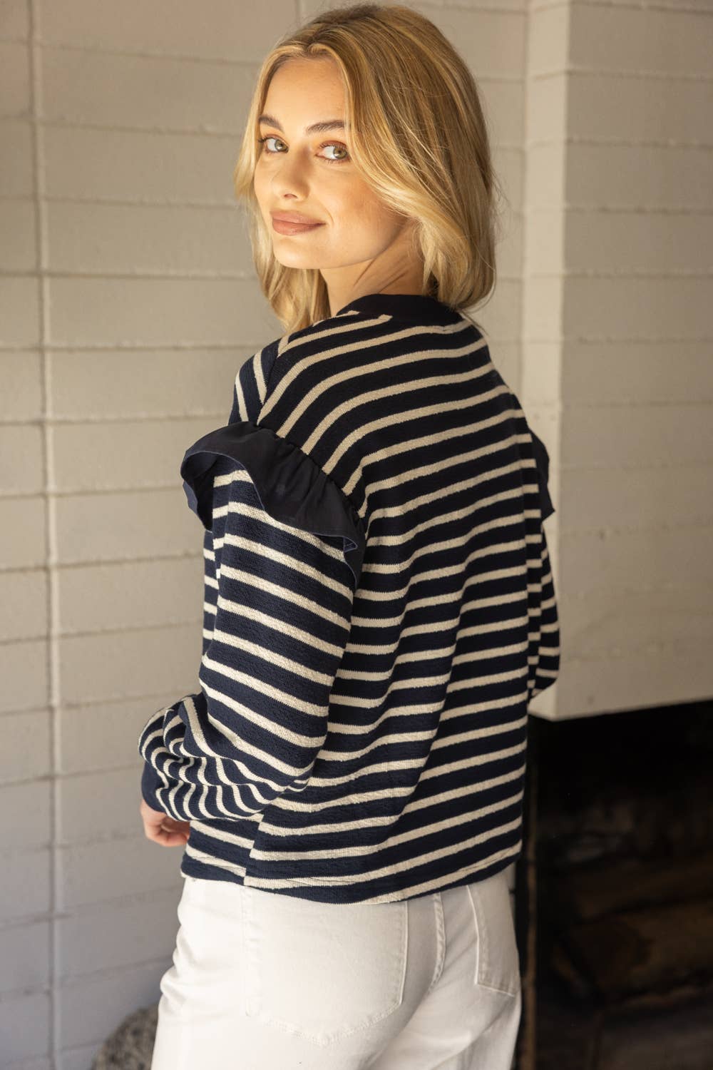 Striped Heart Detail Crewneck Top