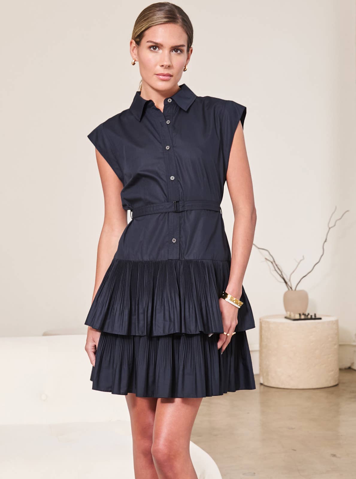 Button Down Tiered Mini Dress W/self Belt - Surprise Lily