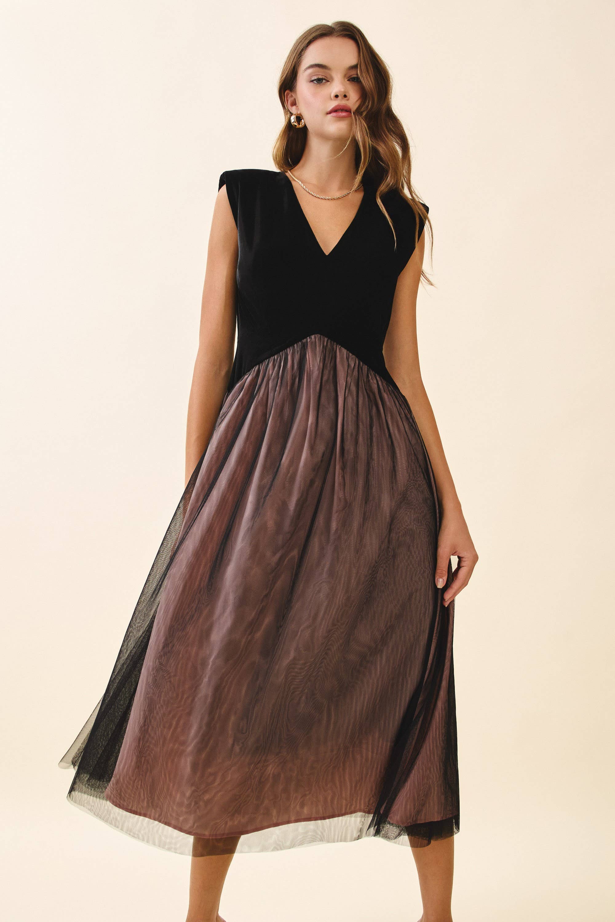 Velvet Fitted Bodice Midi Dress