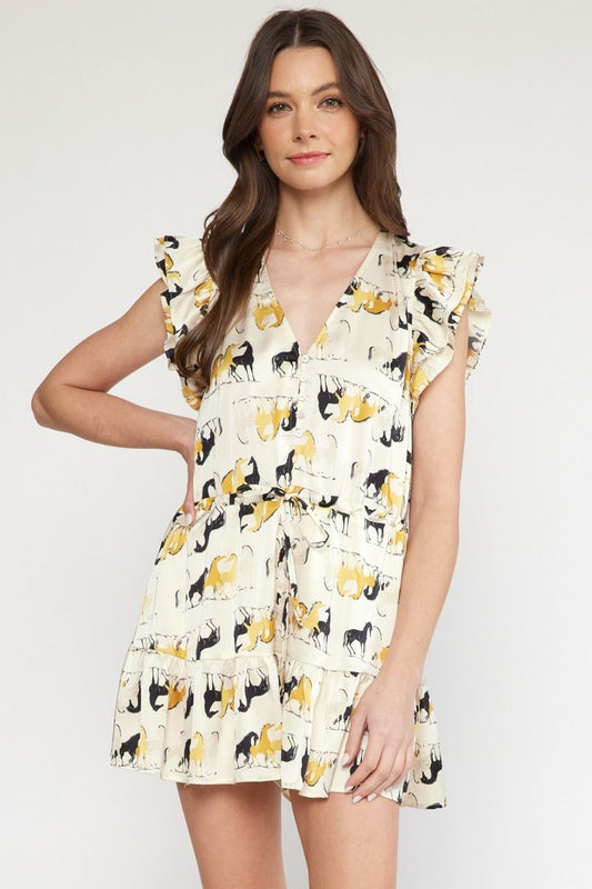 Satin horse print v-neck tiered romper featuring drawstring waist and buttons at front. 