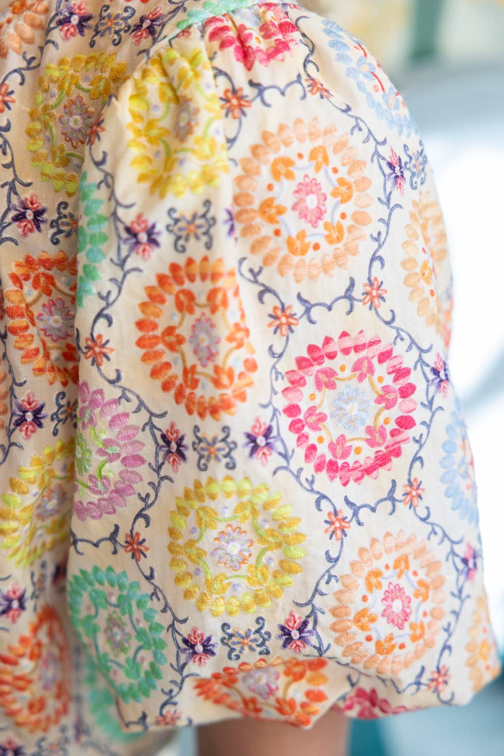36712 Floral Embroidered Print Bubble Sleeve Top - Surprise Lily