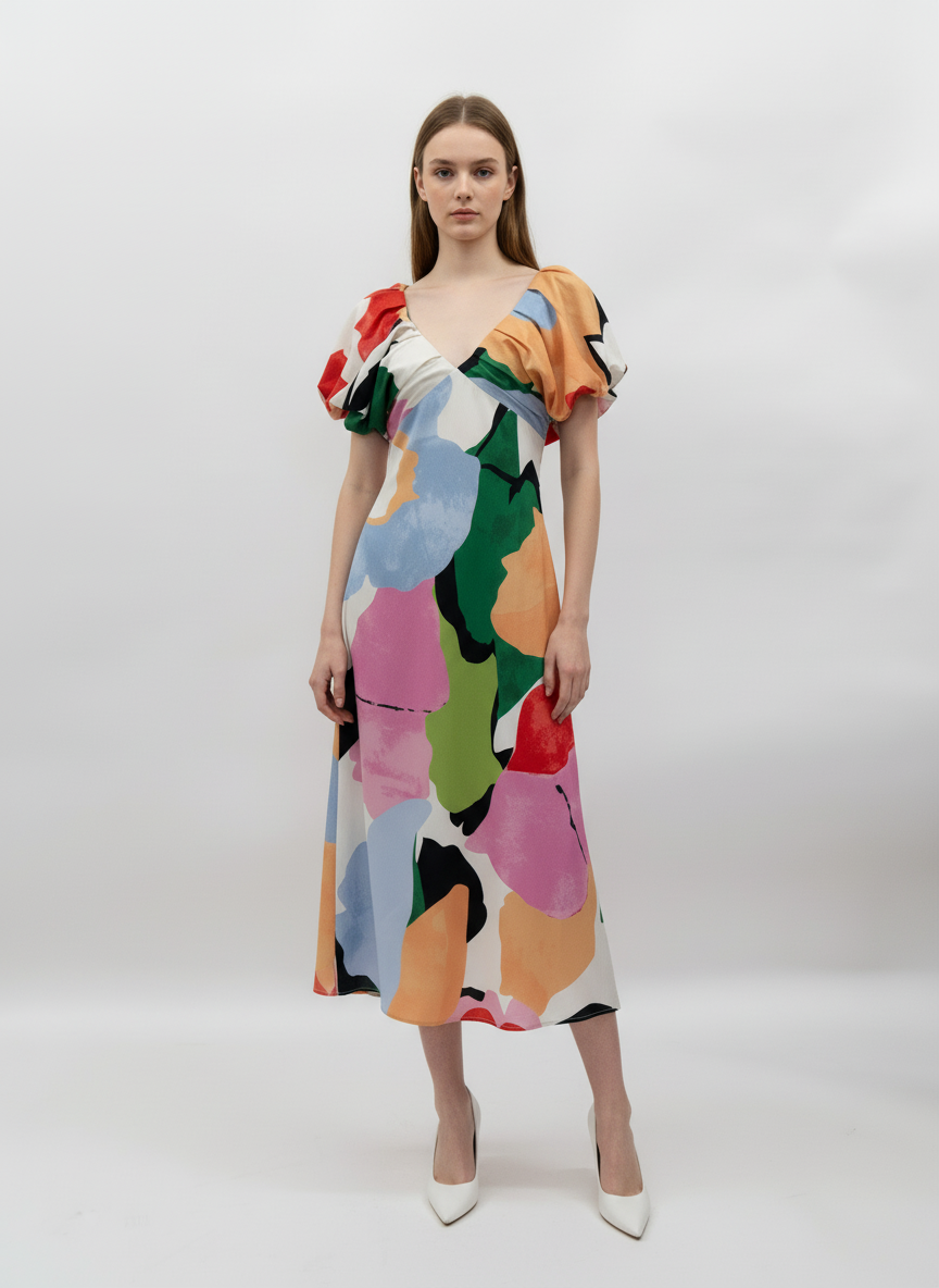 PUFF SLEEVE V NECK MAXI DRESS - DC11977FO - Surprise Lily