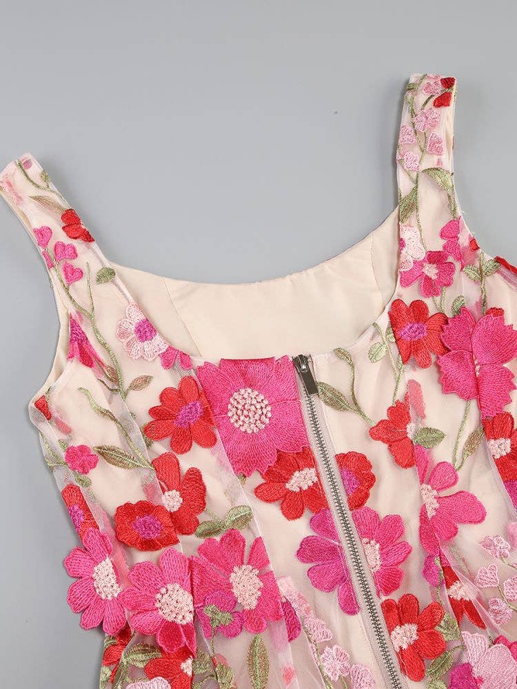 DR984 3D Floral Embroidered Strap Mini Dress 2026 - Surprise Lily