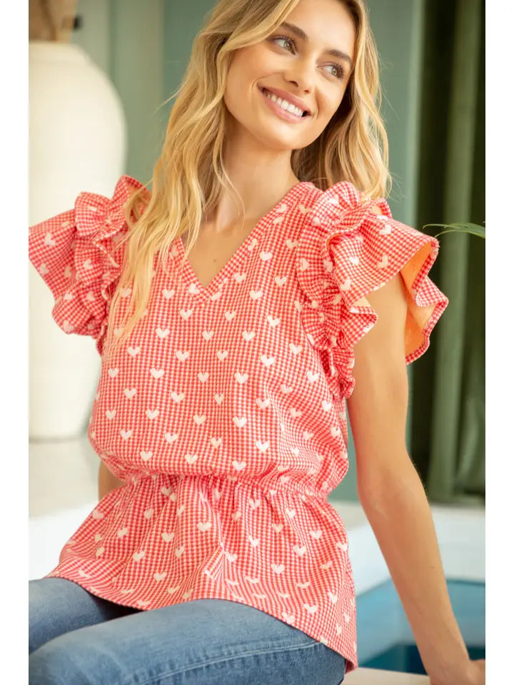 Heart Printed Double Ruffle Top in Red