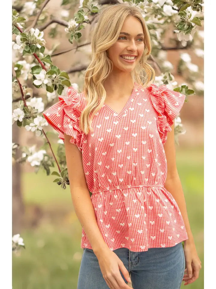 Heart Printed Double Ruffle Top in Red
