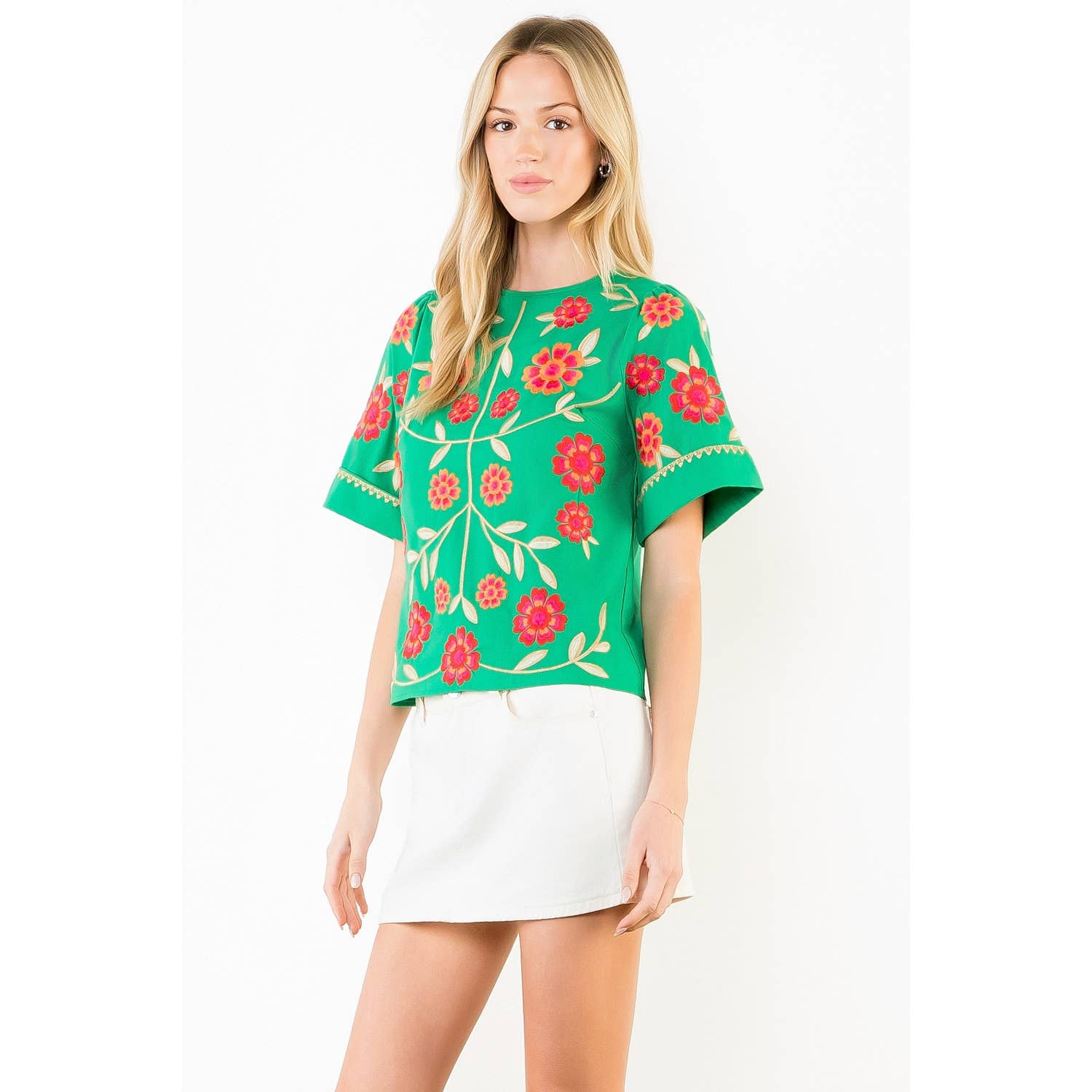 Short Sleeve Floral Embroidery Detail Top - Surprise Lily